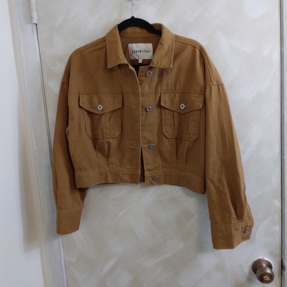 Size Large Brown Denim Cropped Jacket By Ledin Crackling Candy Embroidery